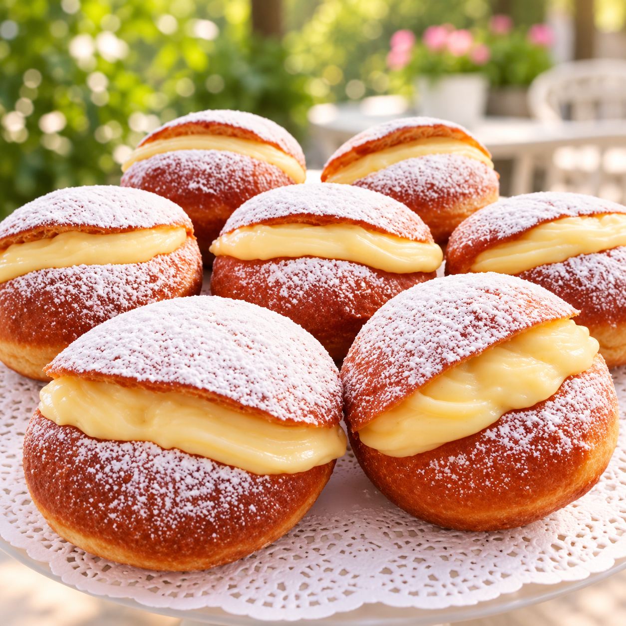 Berlines rellenos de crema pastelera con azúcar flor