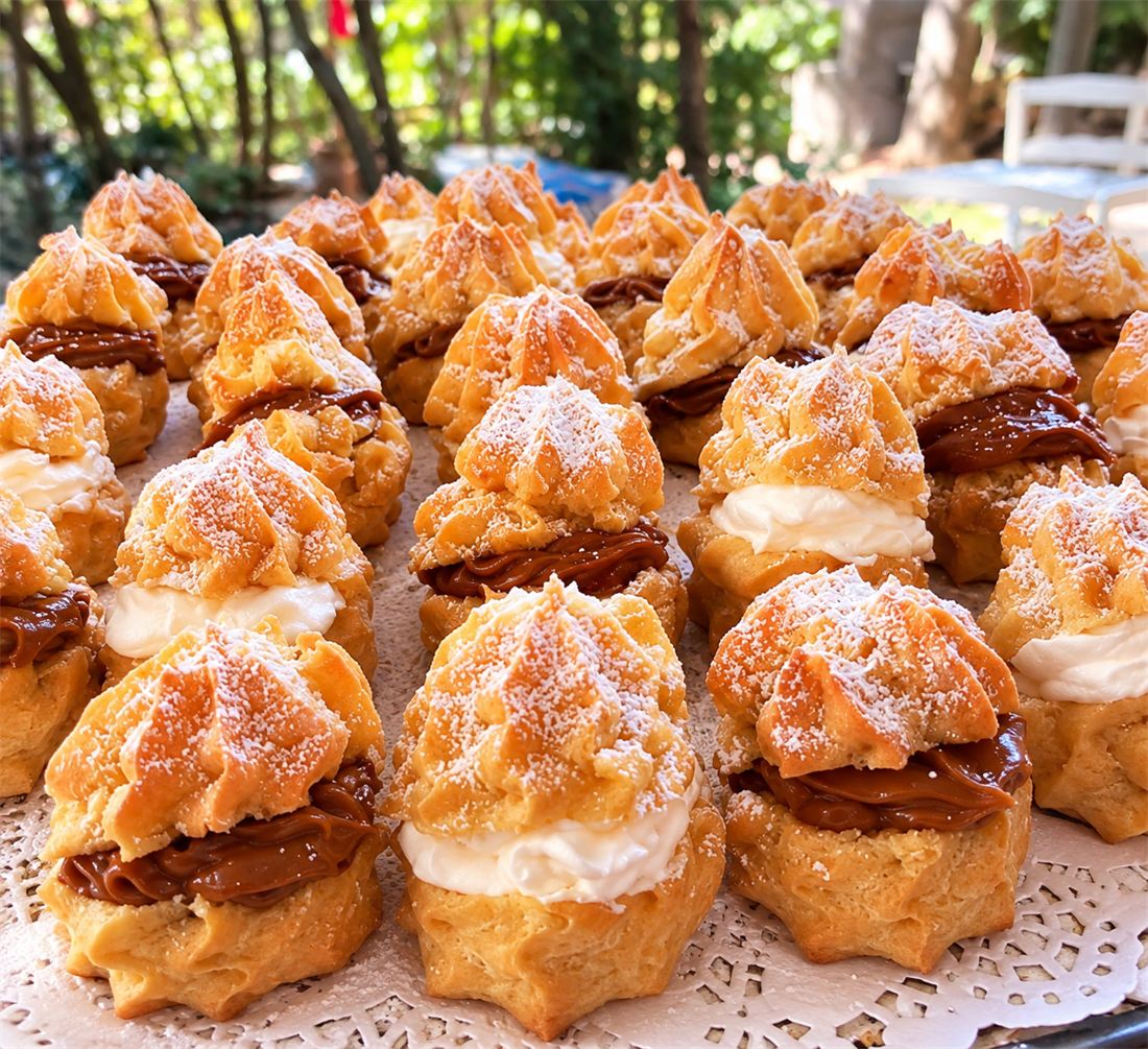 Profiteroles rellenos de crema y de manjar