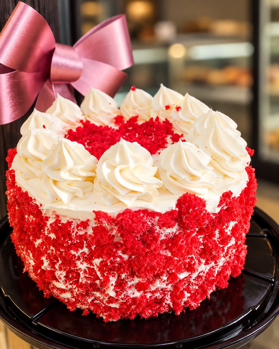 Torta red velvet decorada con crema y un lazo rosado